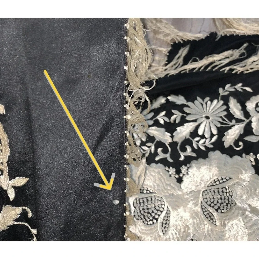 Antique Black Ivory Silk Floral w Peacocks Embroidered Manila Fashion Shawl READ
